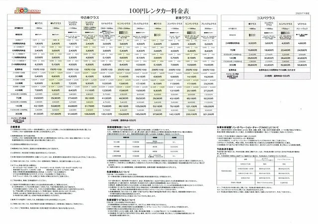 100円レンタカー　2021.9.14現在の料金表